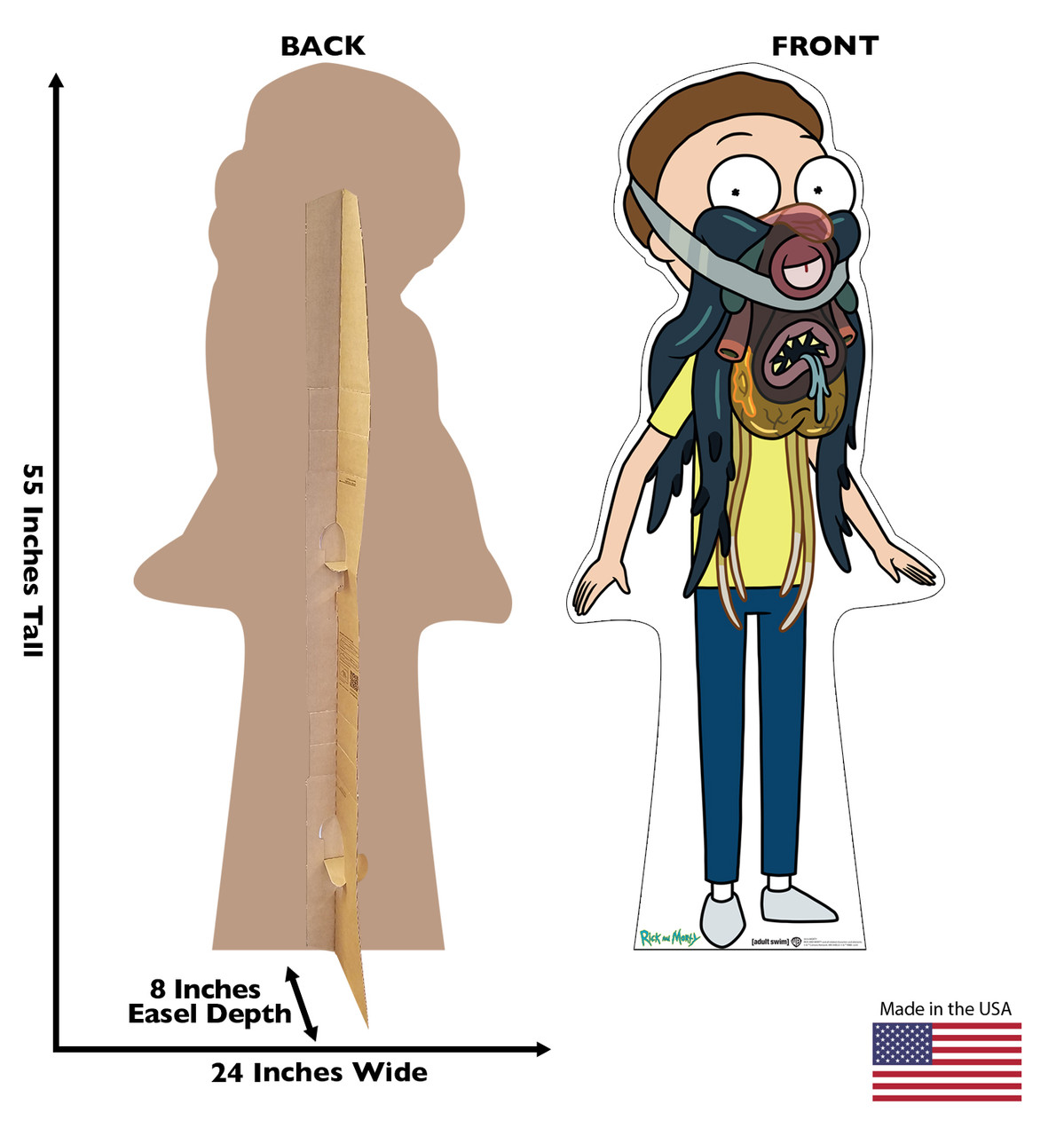 Life-size cardboard standee of Morty from the Rick and Morty TV series with back and front dimensions.