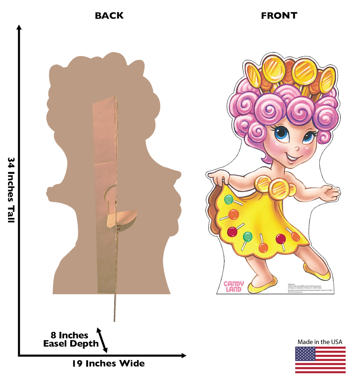 Life-size cardboard standee of Lolly from Candy Land with front and back dimensions.