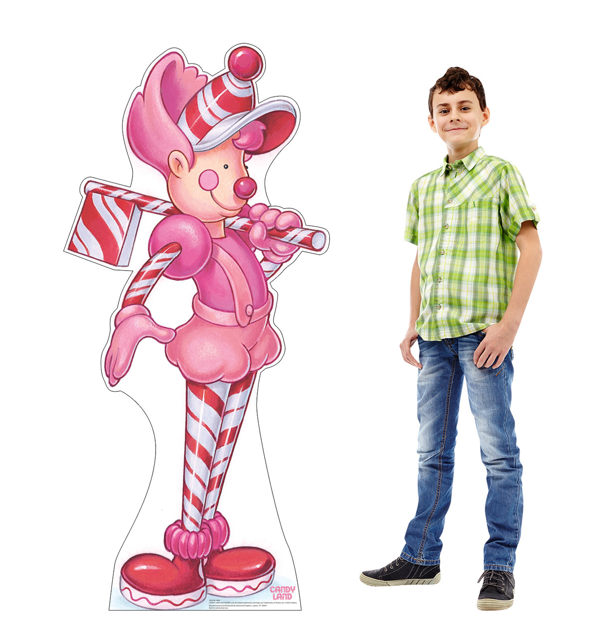 Life-size cardboard standee of Mr. Mint from Candy Land with model.