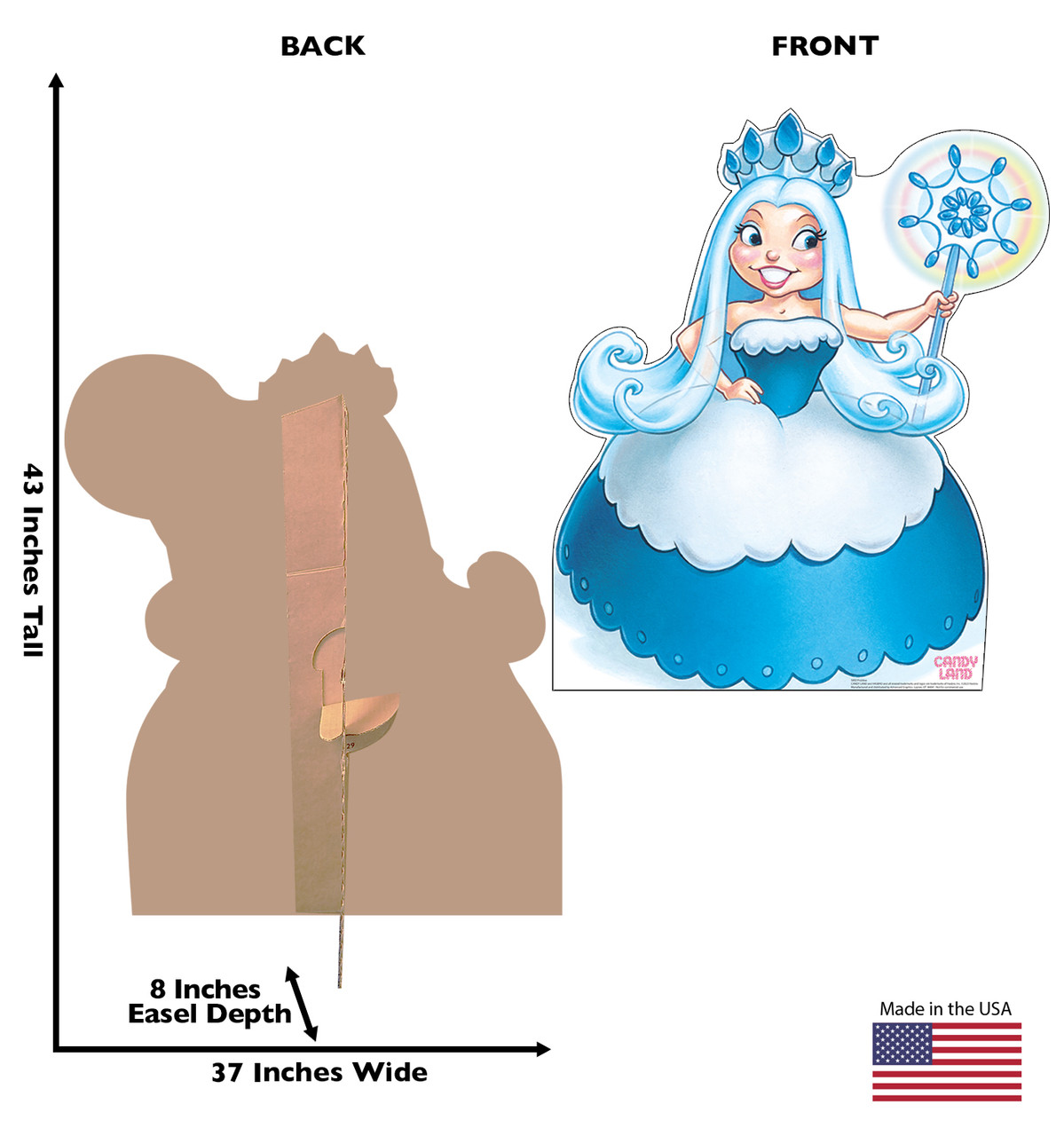Life-size cardboard standee of Frostine from Candy Land with front and back dimensions.