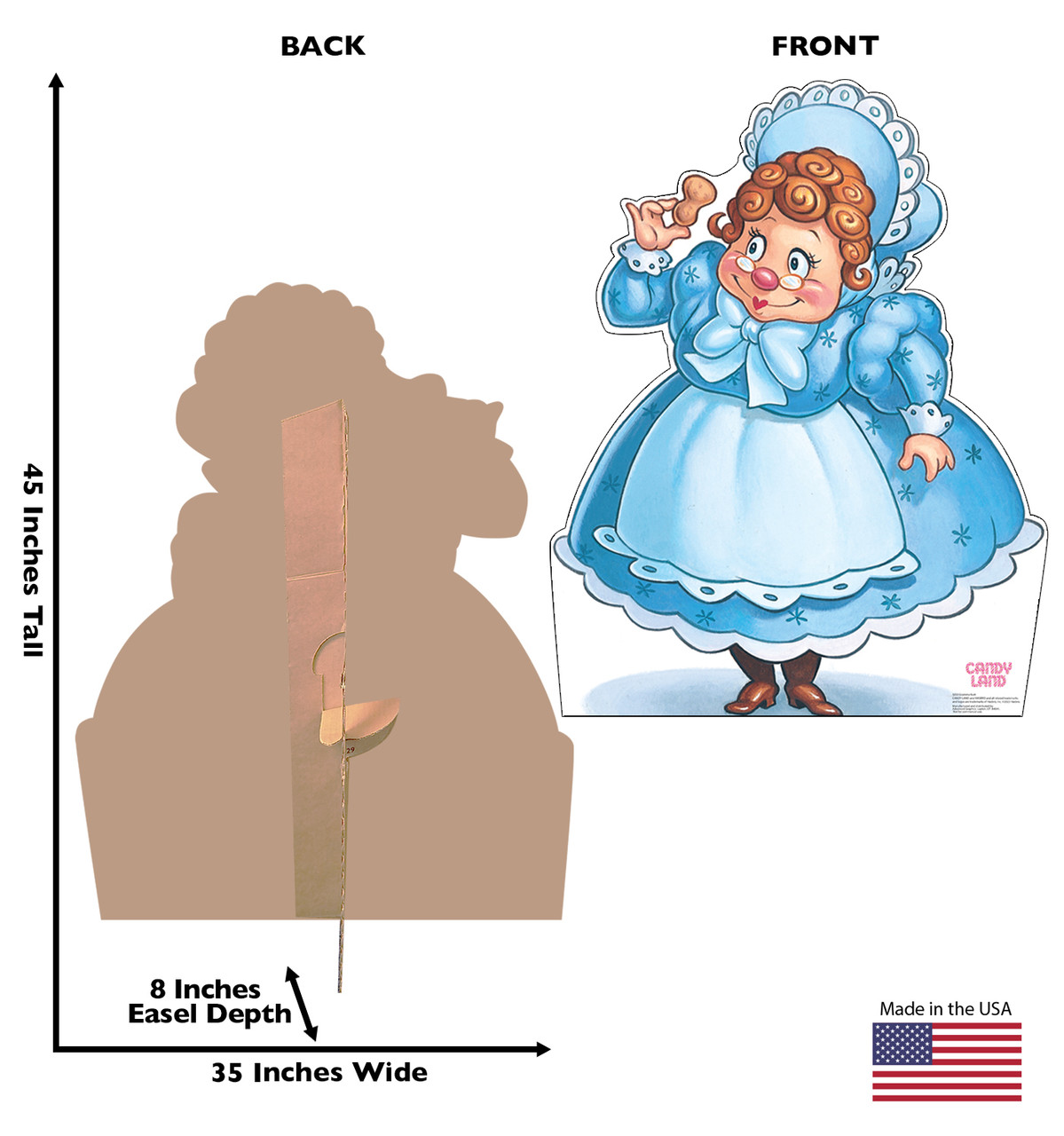 Life-size cardboard standee of Gramma Nutt from Candy Land with front and back dimensions.