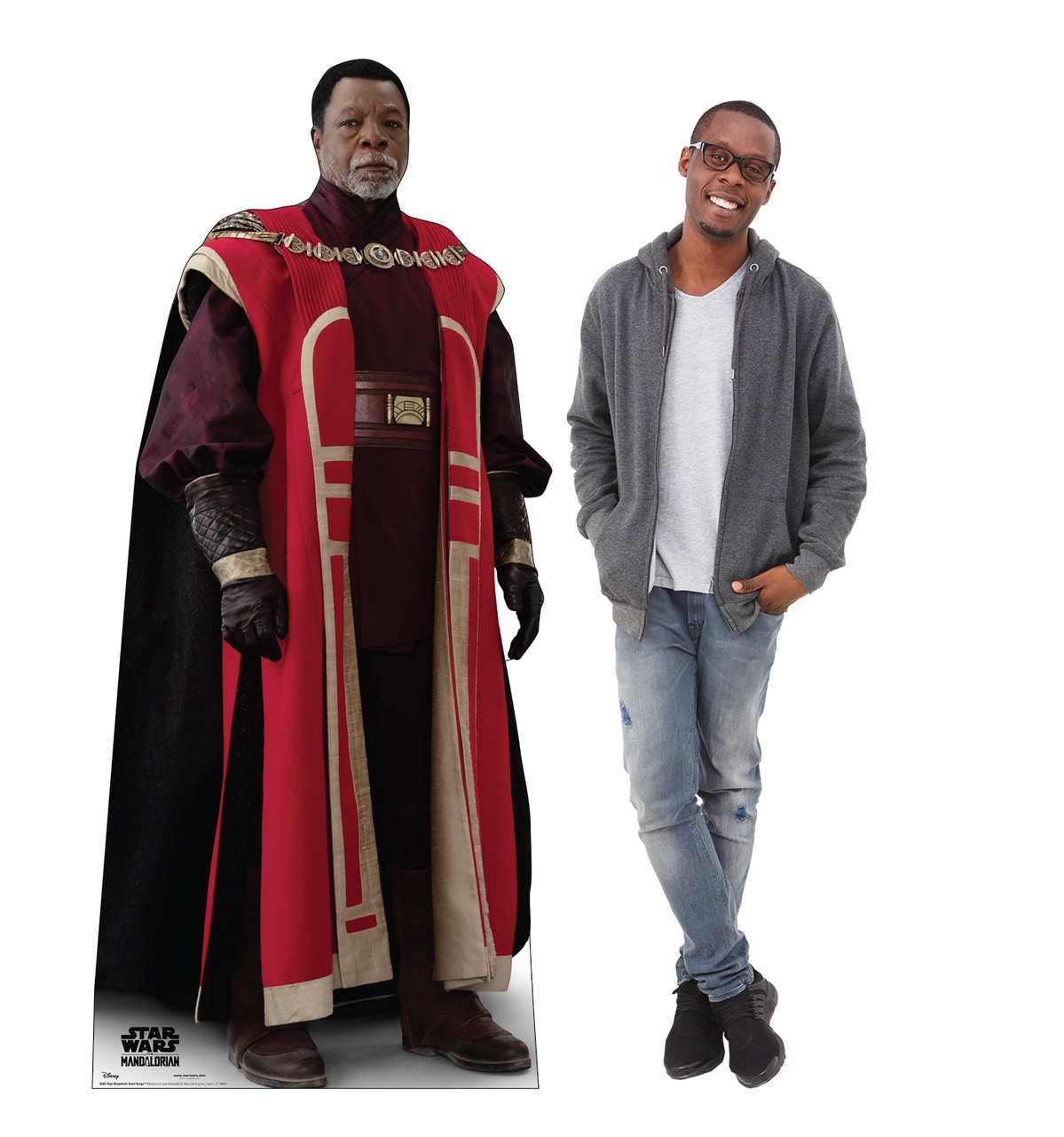 Life-size cardboard standee of High Magistrate Greef KaraTM from Lucas/Disney+ TV series The Mandalorian Season 3 with model.