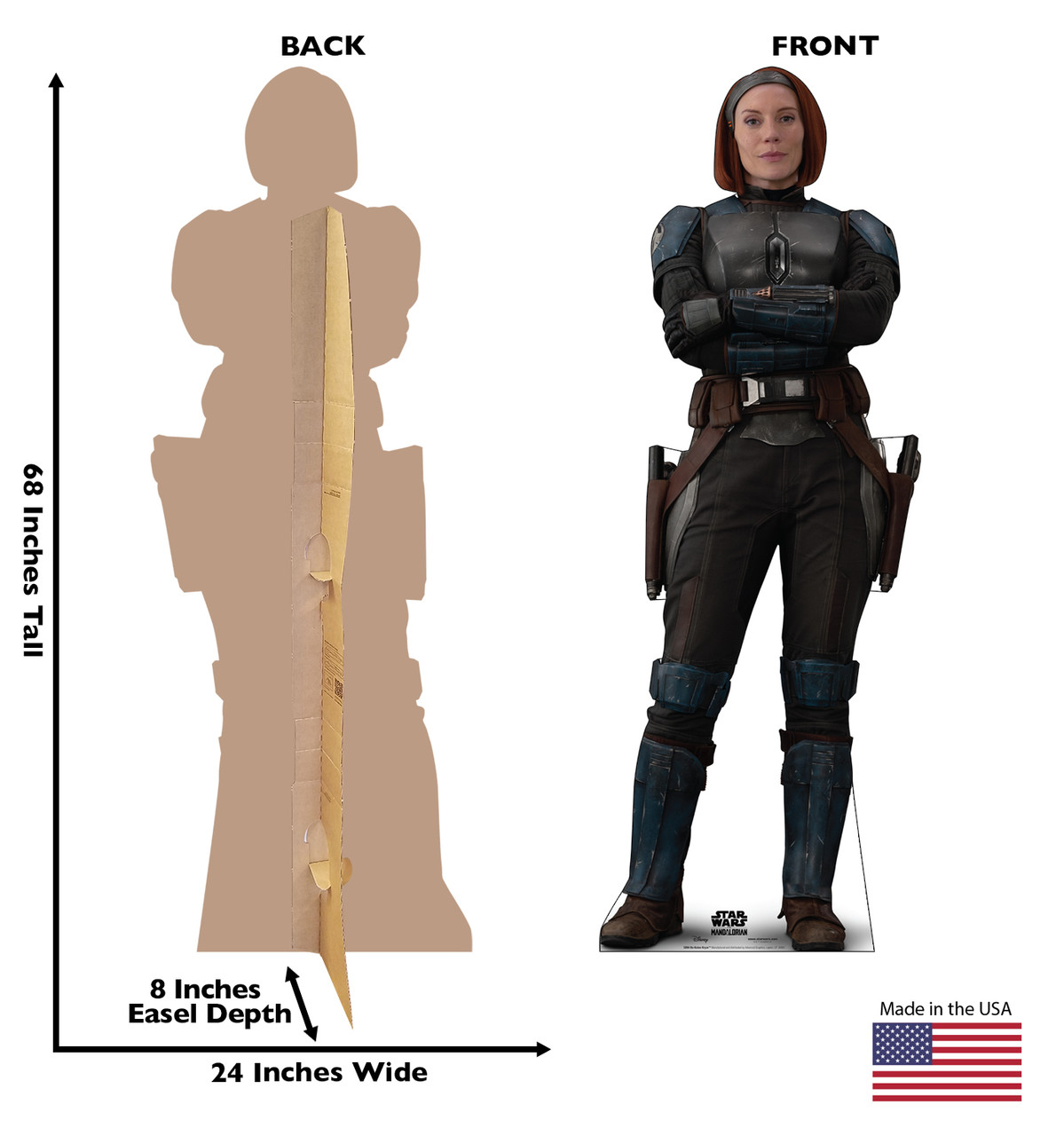 Life-size cardboard standee of Bo-Katan KryzeTM from Lucas/Disney+ TV series The Mandalorian Season 3 with back and front dimensions.