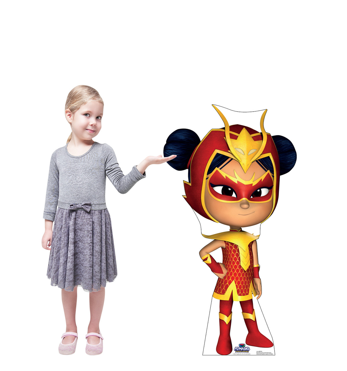 Life-size cardboard standee of An Yu from PJ Masks Power Heroes with model.