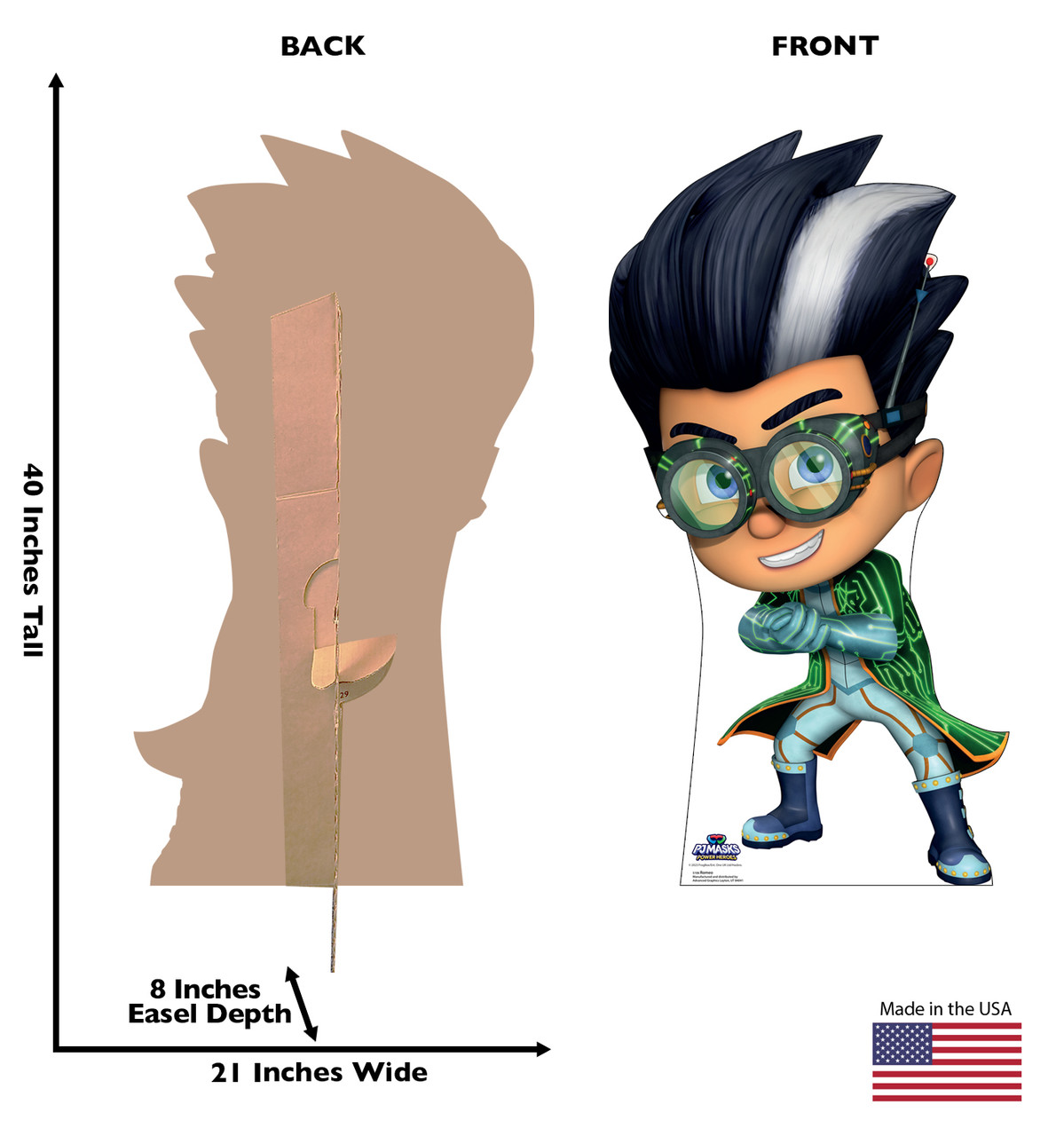 Life-size cardboard standee of Romeo from PJ Masks Power Heroes with back and front dimensions.