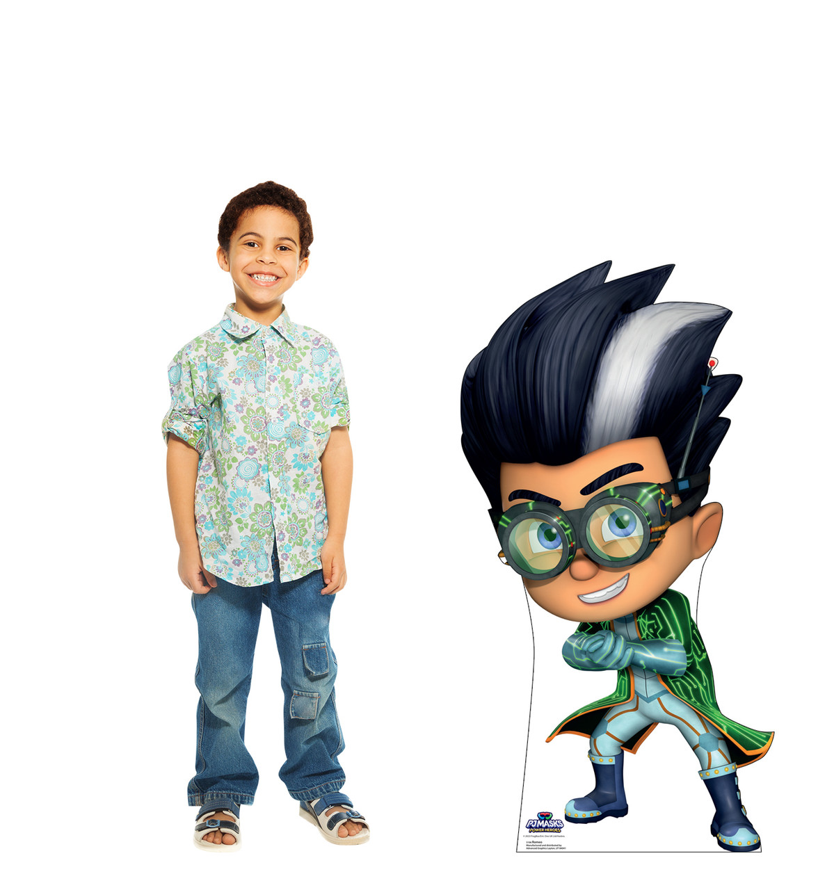 Life-size cardboard standee of Romeo from PJ Masks Power Heroes with model.
