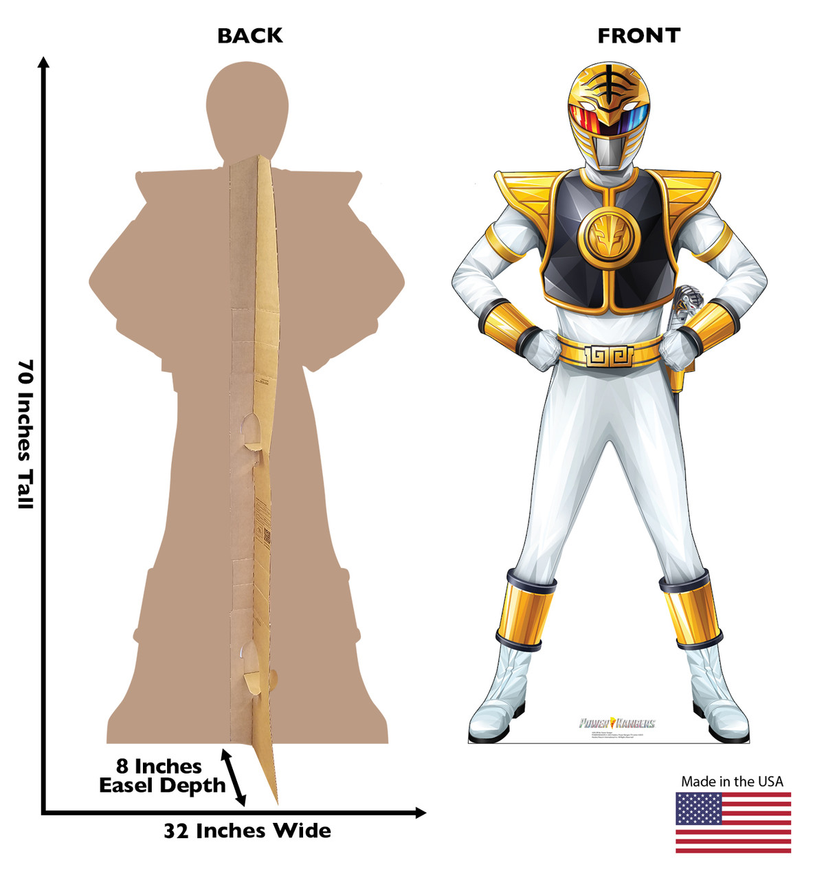 Life-size cardboard standee of White Power Ranger with back and front dimensions.