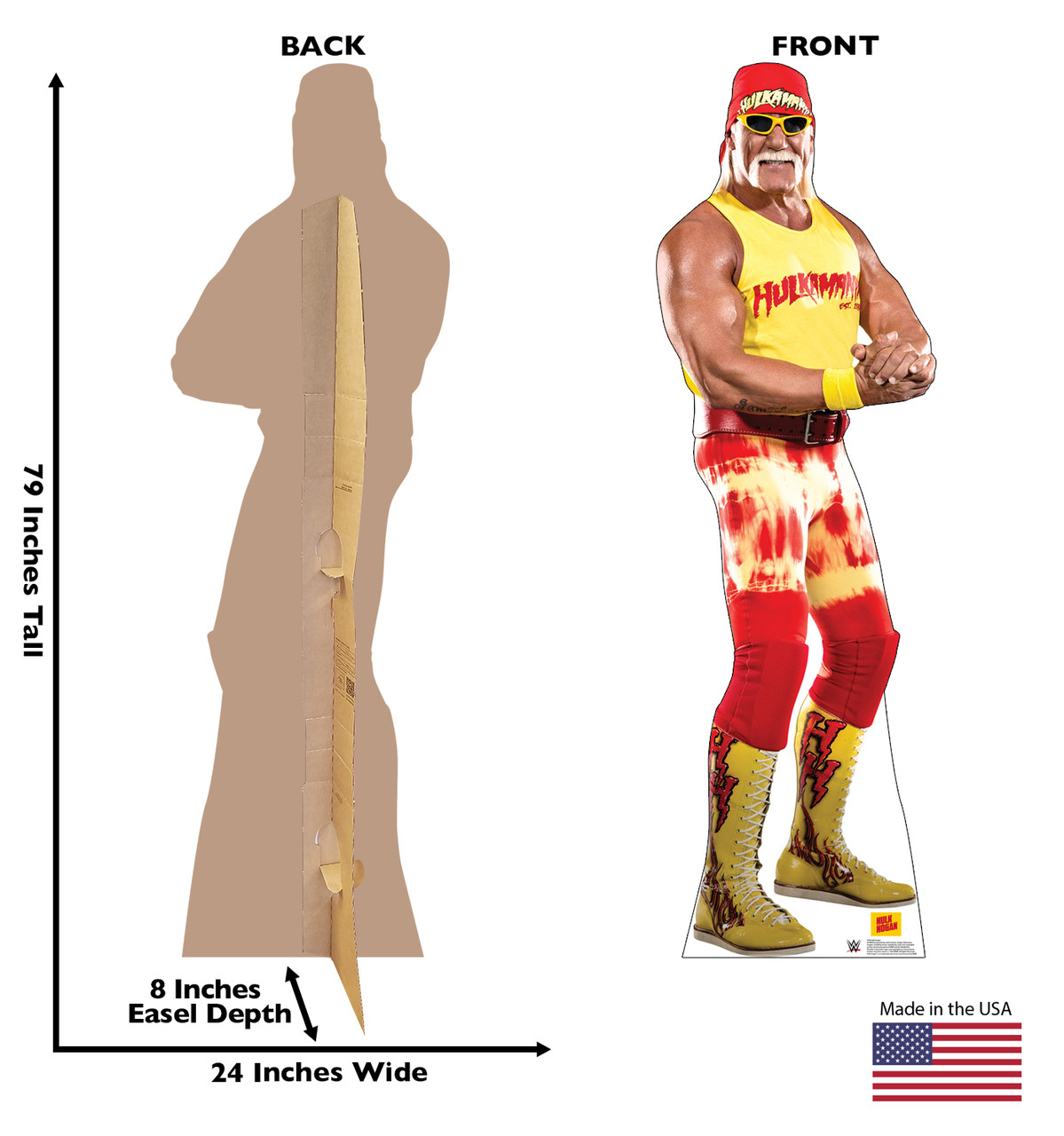 Life-size cardboard standee of Hulk Hogan with back and front dimensions.