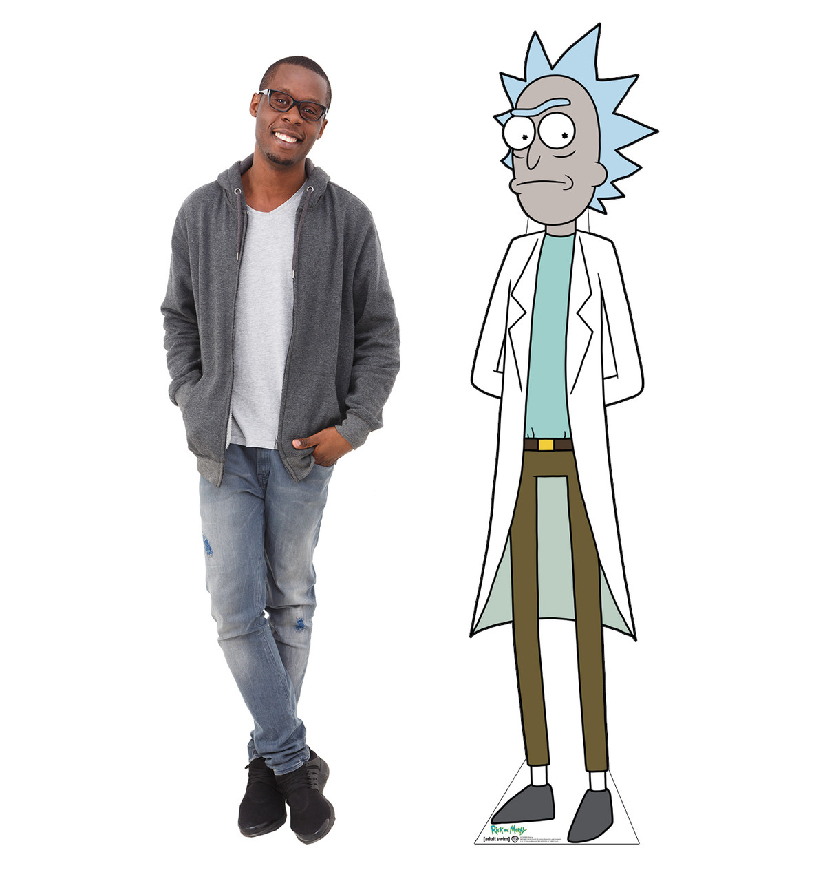 Life-size cardboard standee of Rick Glaring from the Rick and Morty TV series with model.