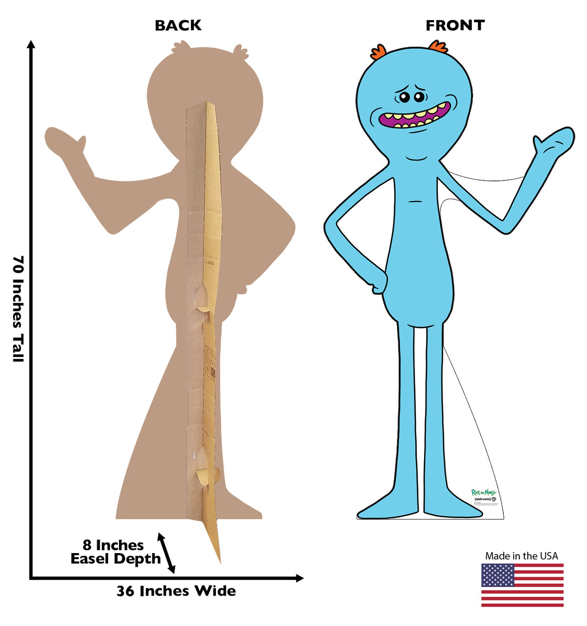 Life-size cardboard standee of Meeseeks from the Rick and Morty TV series with back and front dimensions.