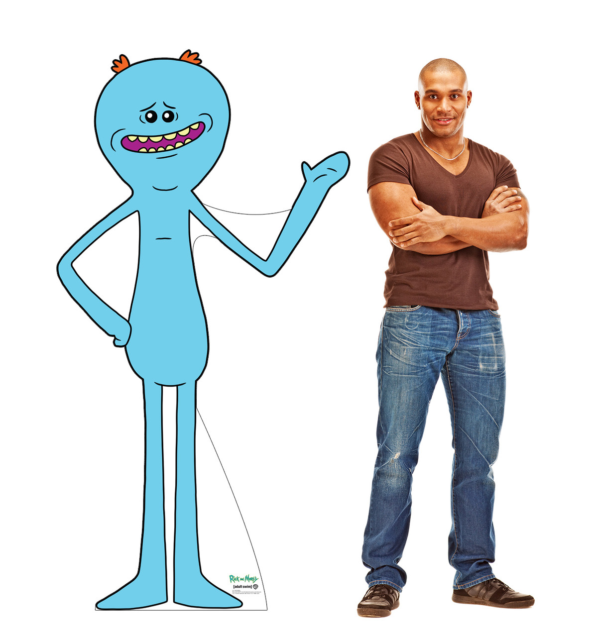 Life-size cardboard standee of Meeseeks from the Rick and Morty TV series with model.