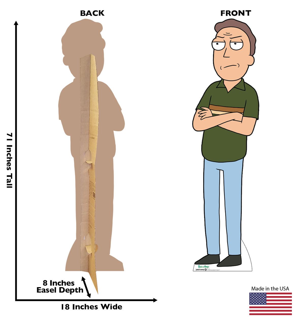 Life-size cardboard standee of Jerry from the Rick and Morty TV series with back and front dimensions.