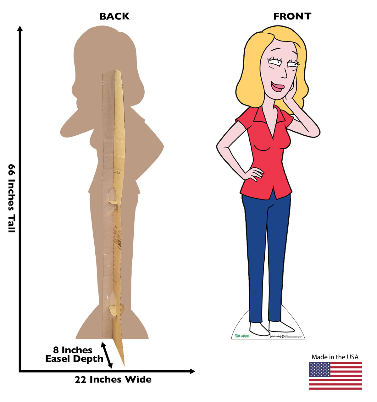 Life-size cardboard standee of Beth from the Rick and Morty TV series with back and front dimensions.