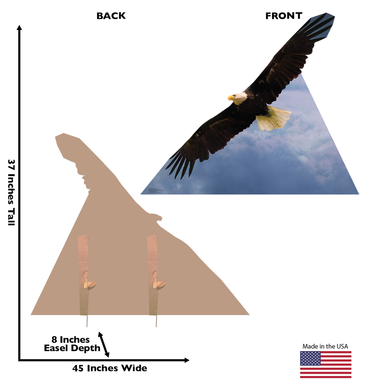 Life-size cardboard standee of an American Eagle with back and front dimensions.