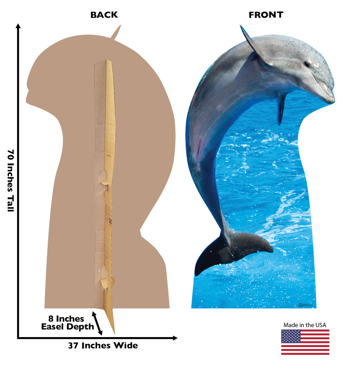 Life-size cardboard standee of a Dolphin with back and front dimensions.