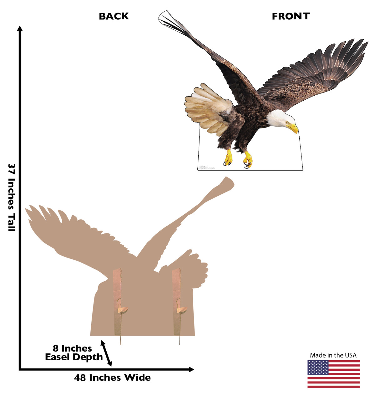 Life-size cardboard standee of a Flying Bald Eagle with back and front dimensions.