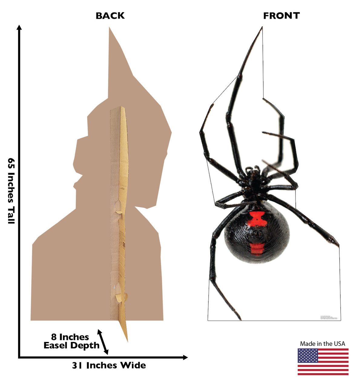 Life-size cardboard standee of a Giant Black Widow Spider with back and front dimensions.