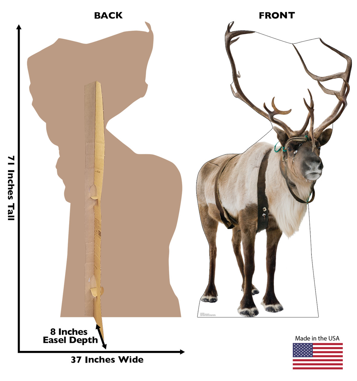 Life-size cardboard standee of a Reindeer with back and front dimensions.