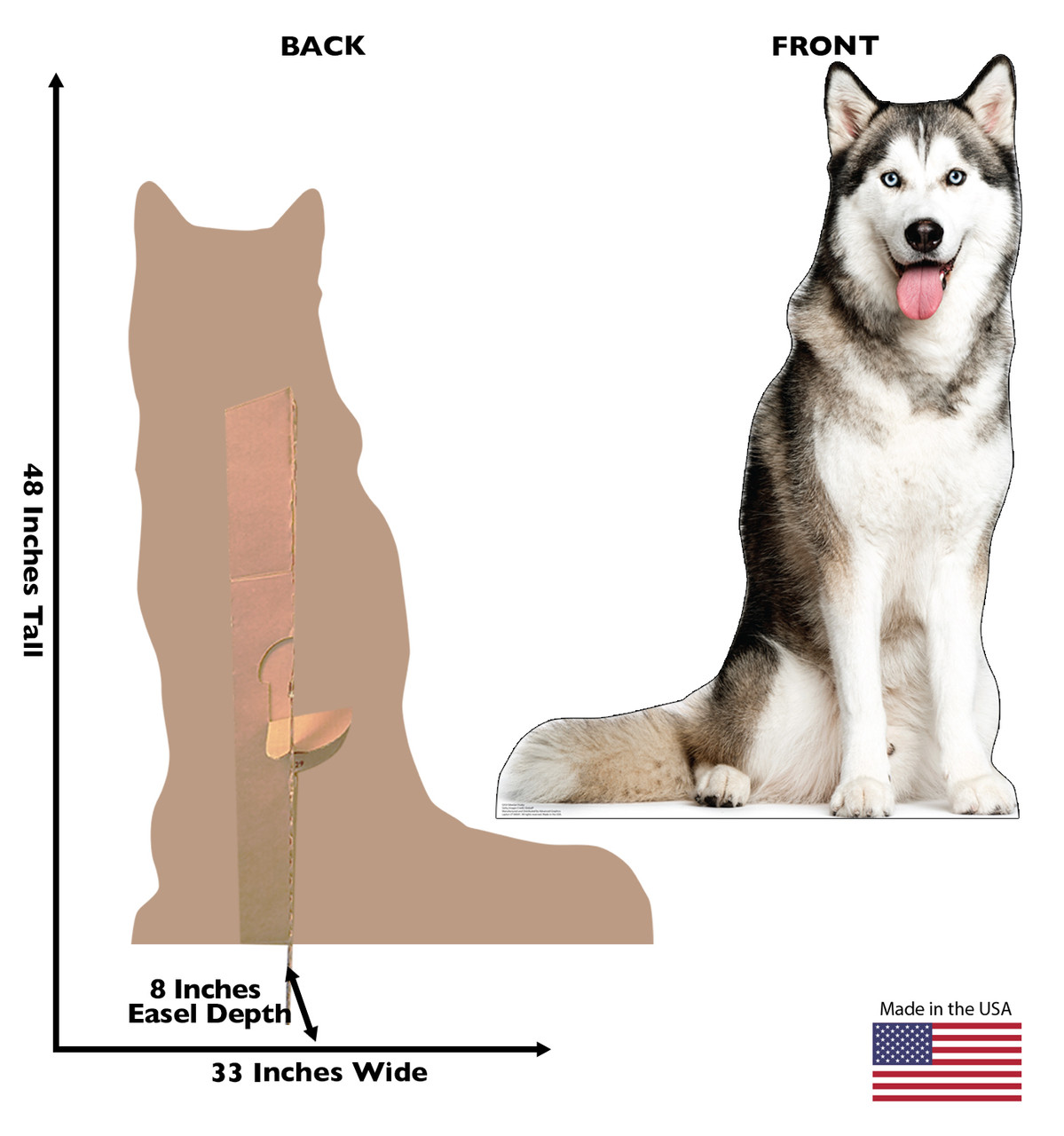 Life-size cardboard standee of a Siberian Husky with back and front dimensions.