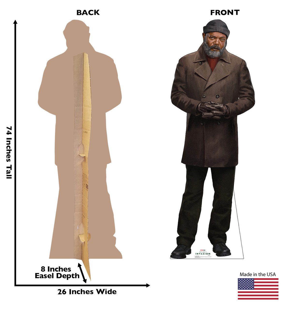 Life-size cardboard standee of Nick Fury with back and front dimensions.