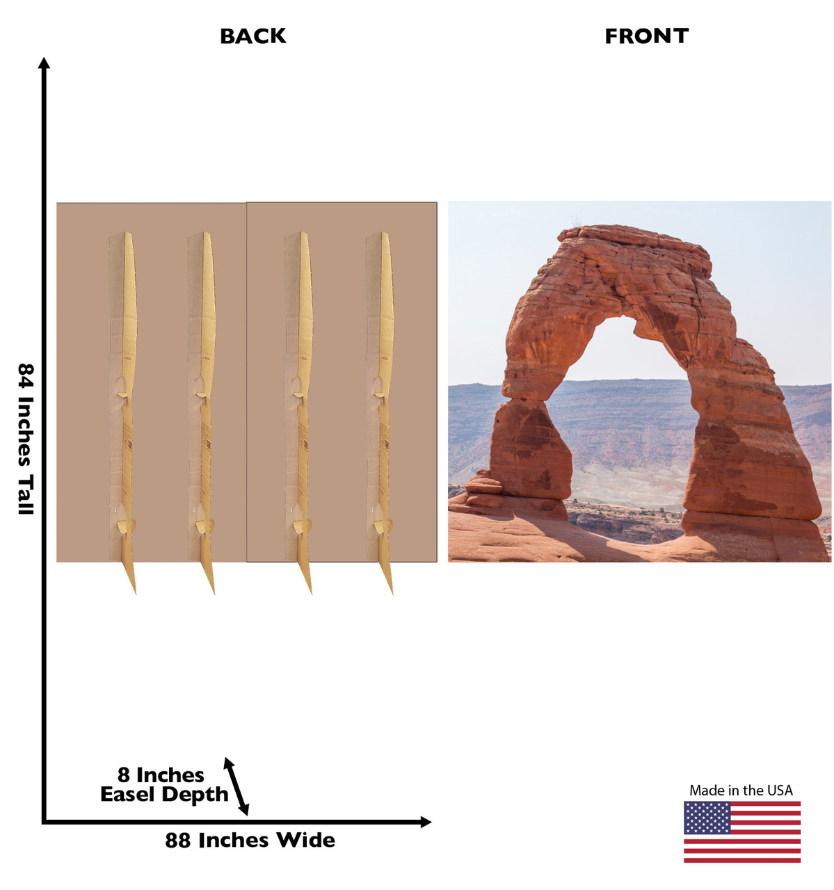 Life-size cardboard standee of a Delicate Arch Backdrop with back and front dimensions.