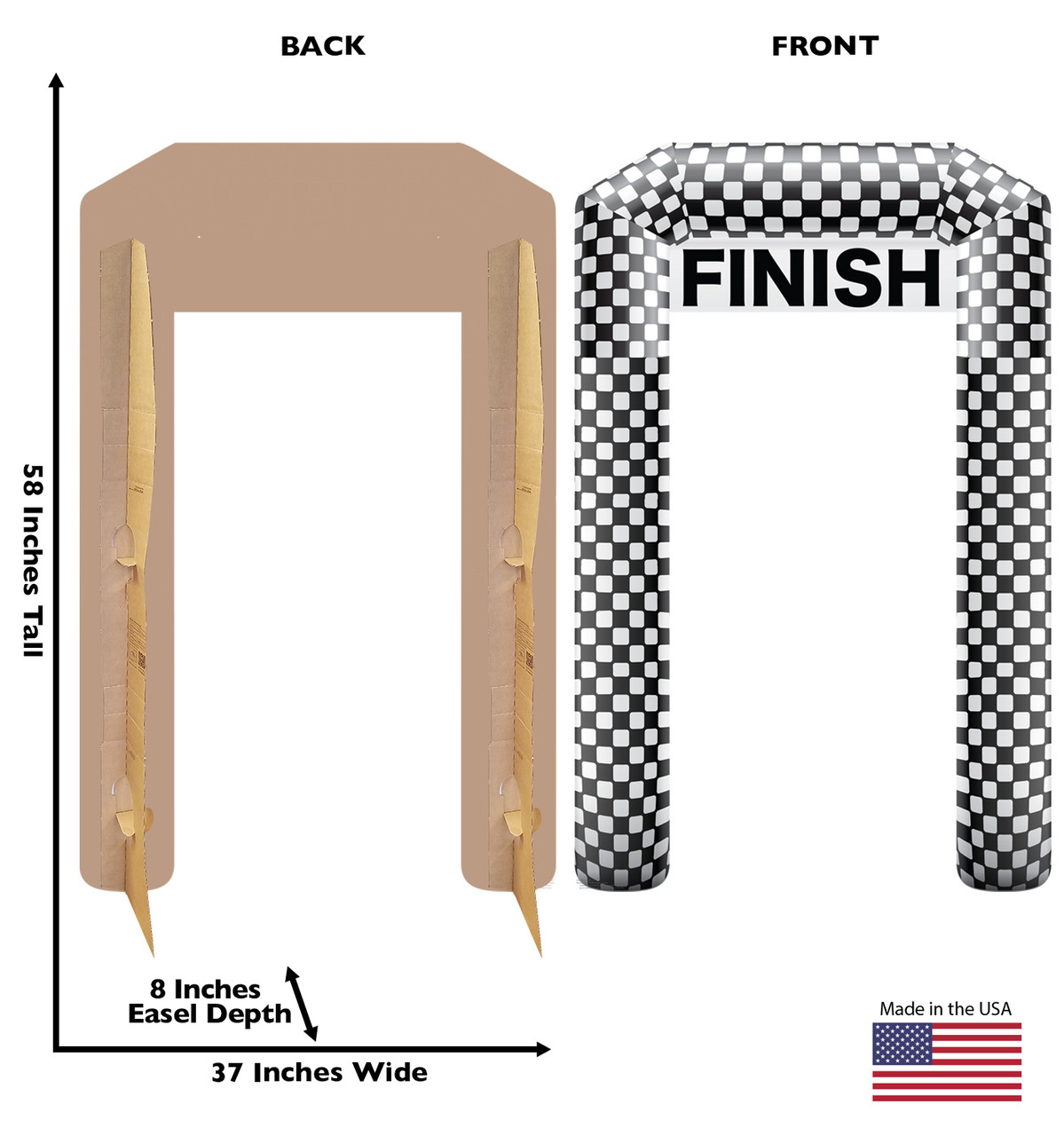 Life-size cardboard standee of a Finish Line with back and front dimensions.