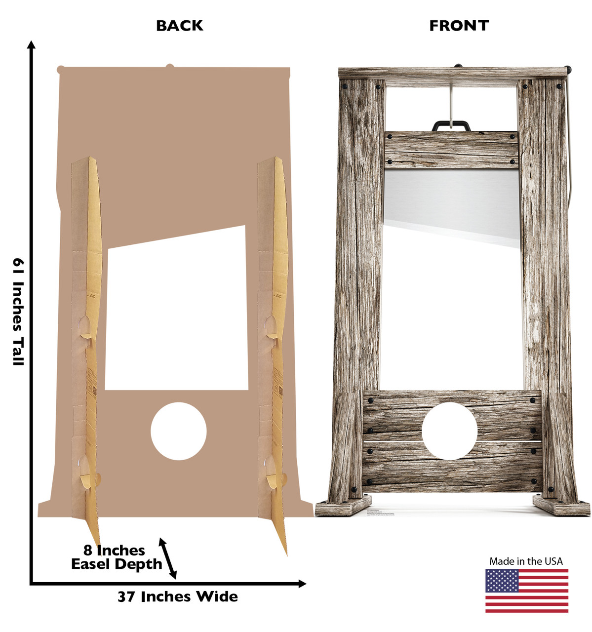 Life-size cardboard standee of a Guillotine Standin with back and front dimensions.