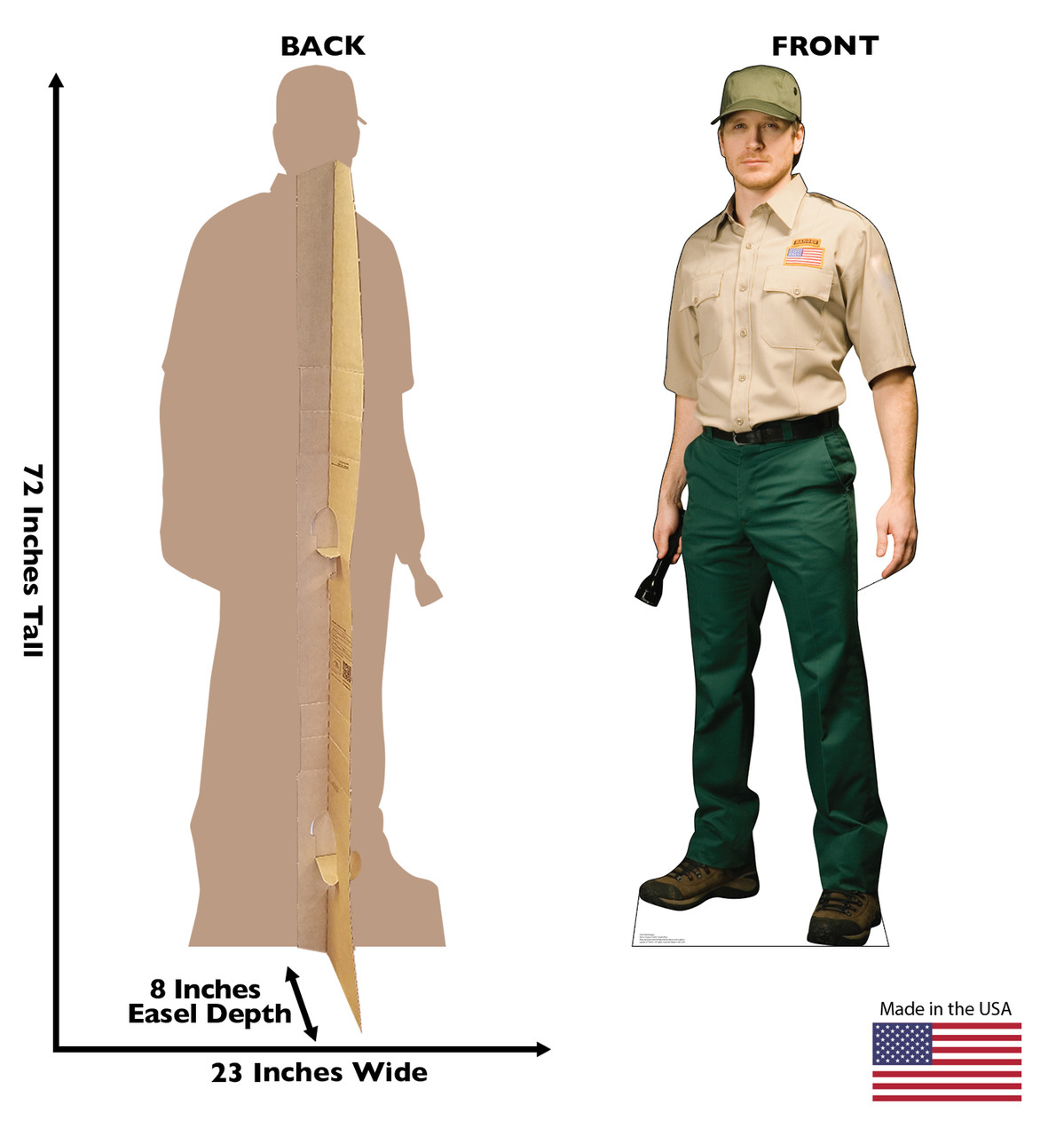 Life-size cardboard standee of a Park Ranger with back and front dimensions.