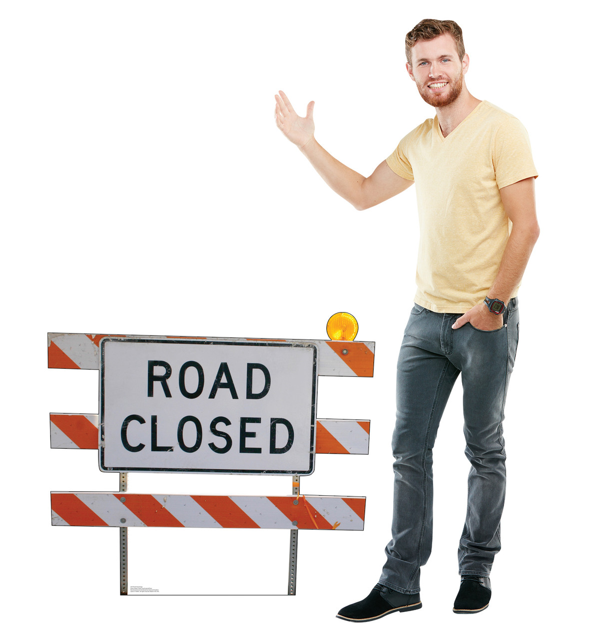 Life-size cardboard standee of a Road Closed Sign with model.