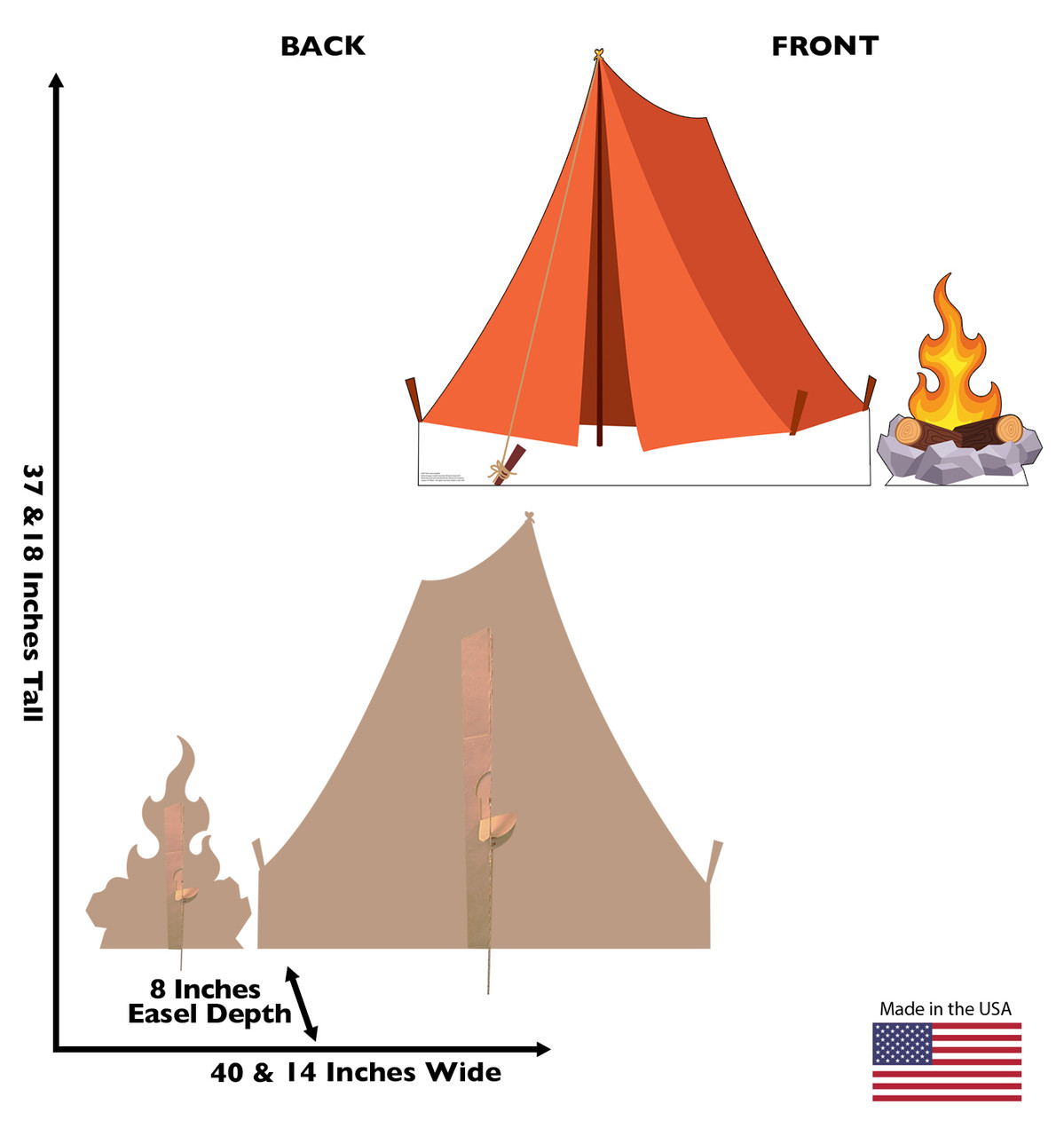 Life-size cardboard standee of a Tent and Campfire with back and front dimensions.