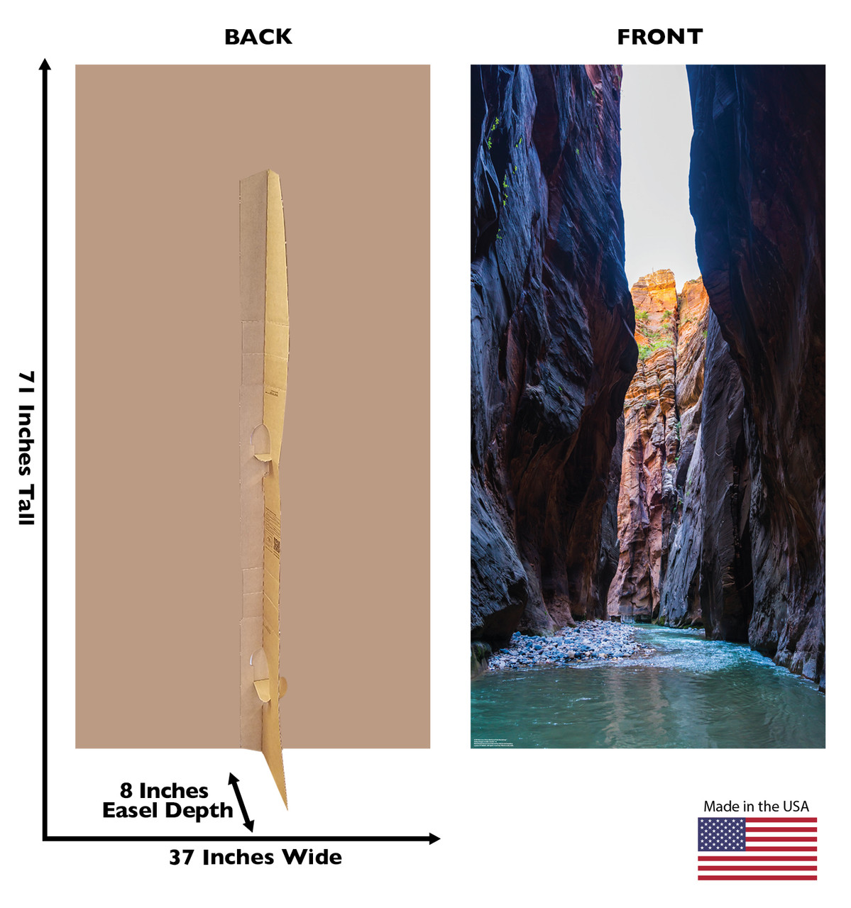 Life-size cardboard standee of a Narrows Zions National Park Backdrop with back and front dimensions.