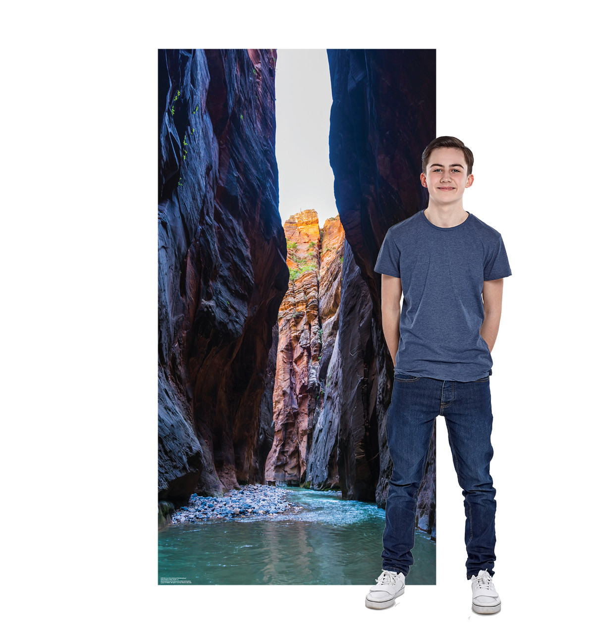 Life-size cardboard standee of a Narrows Zions National Park Backdrop with model.