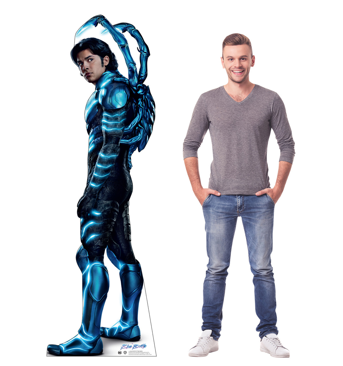 Life-size cardboard standee of the Blue Beetle no mask with model.