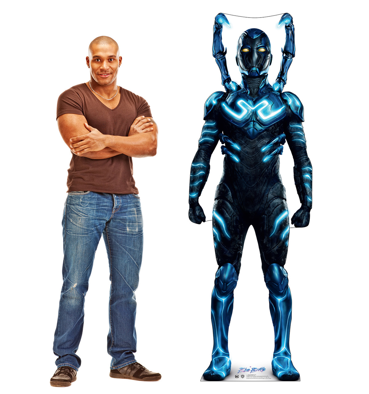 Life-size cardboard standee of the Blue Beetle with model.
