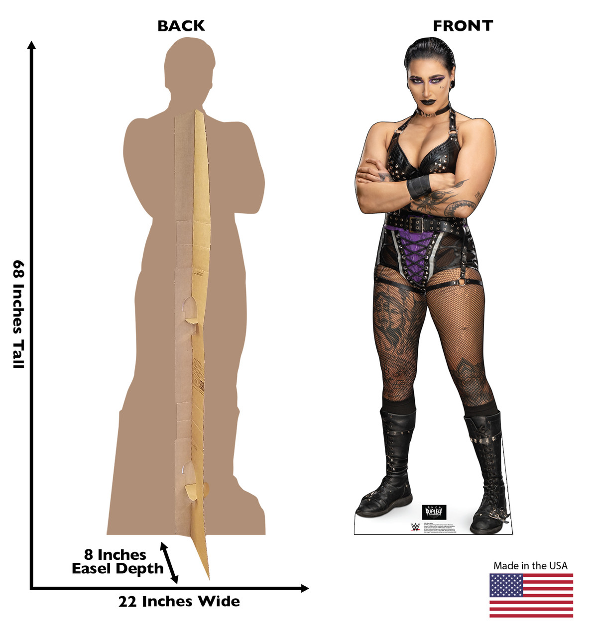 Life-size cardboard standee of Rhea Ripley with back and front dimensions.