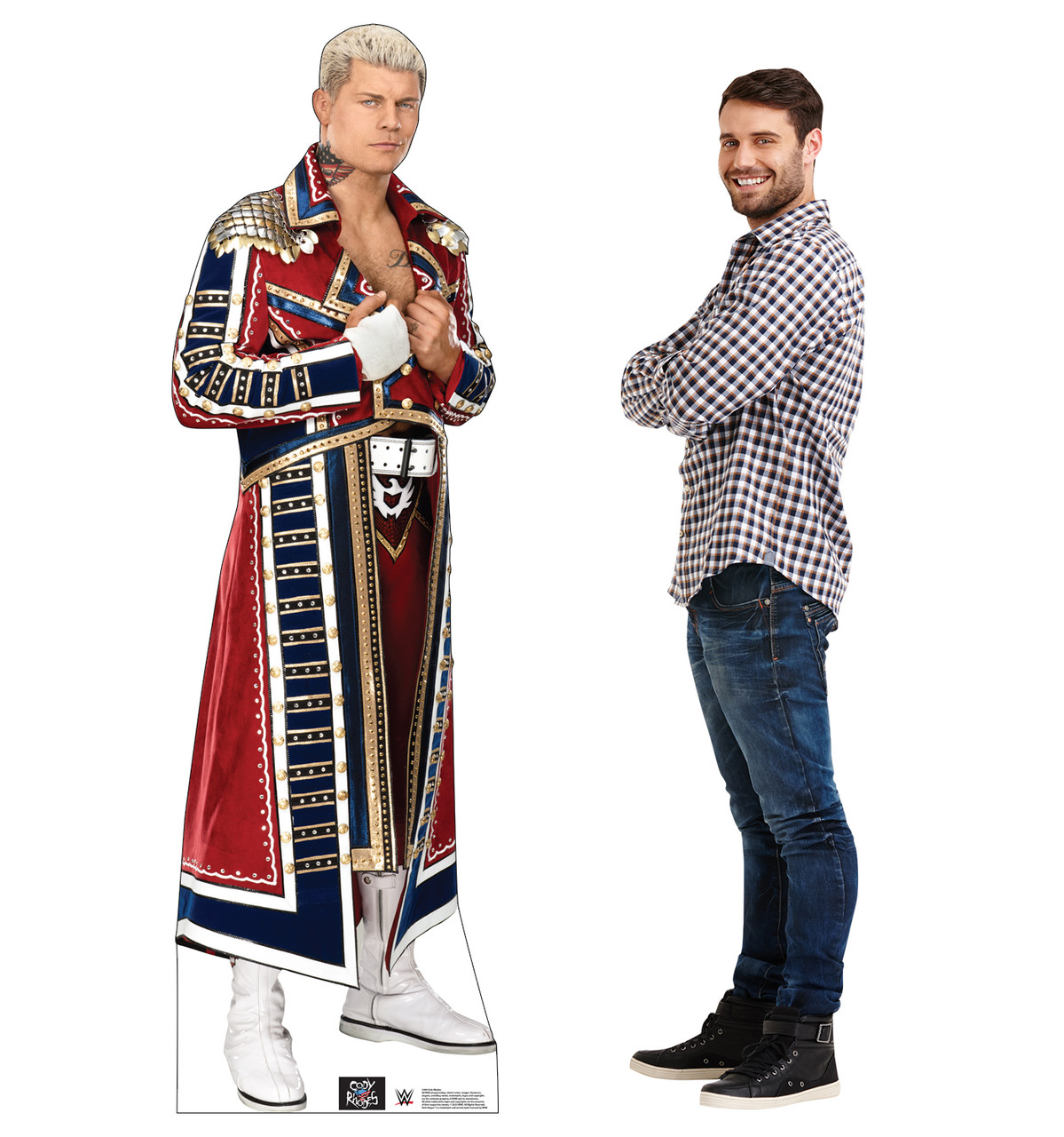 Life-size cardboard standee of Cody Rhodes with model.