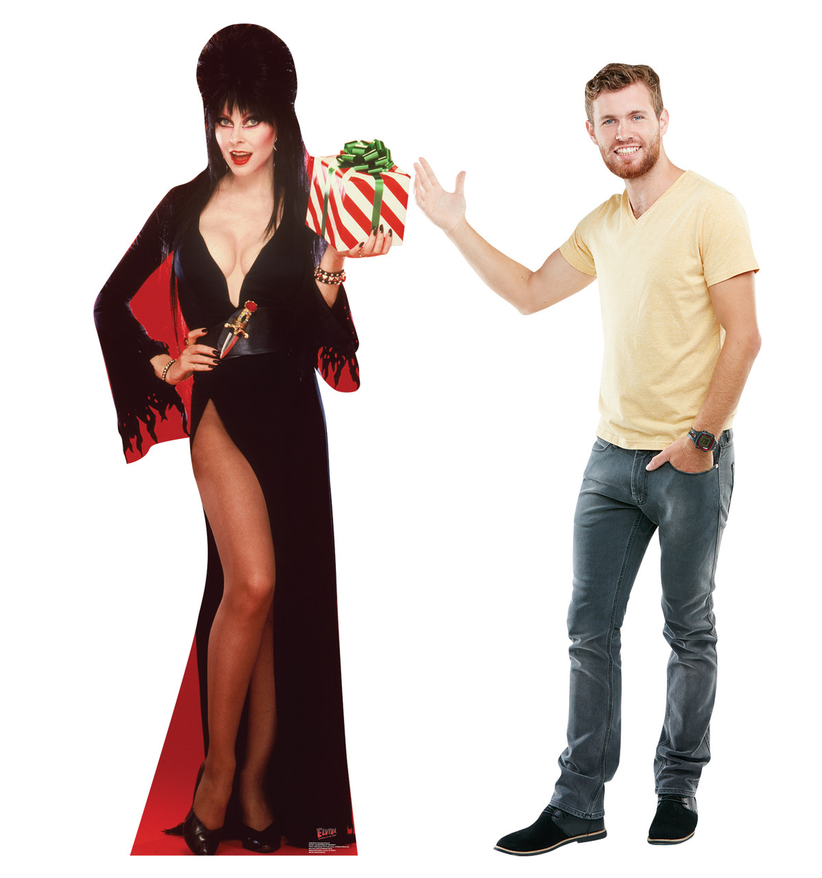 Life-size cardboard standee of Elvira Christmas Present with model.