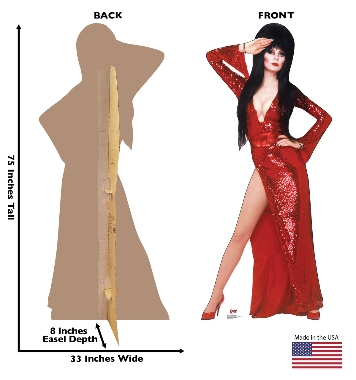 Life-size cardboard standee of Elvira Patriotic with back and front dimensions.