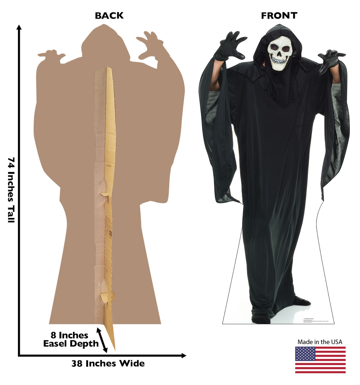 Life-size cardboard standee of a Skeleton Ghost with back and front dimensions.