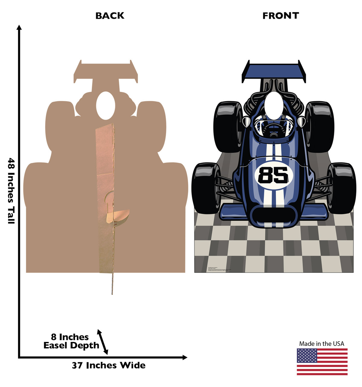 Life-size cardboard standee of a Blue Race Car Standin with back and front dimensions.