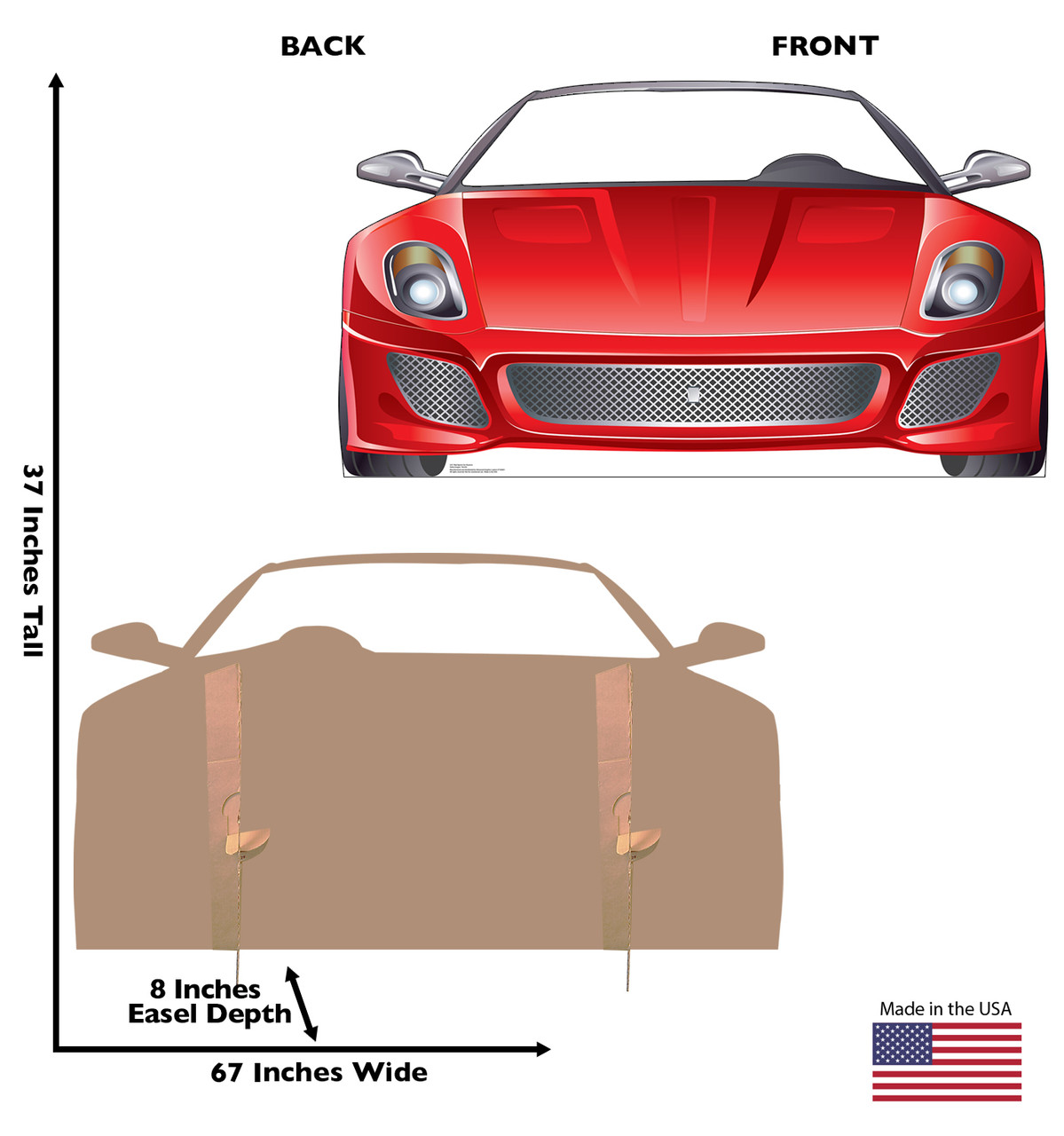 Life-size cardboard standee of a Red Sports Car Standin with back and front dimensions.