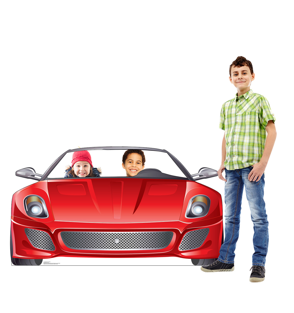 Life-size cardboard standee of a Red Sports Car Standin with models.
