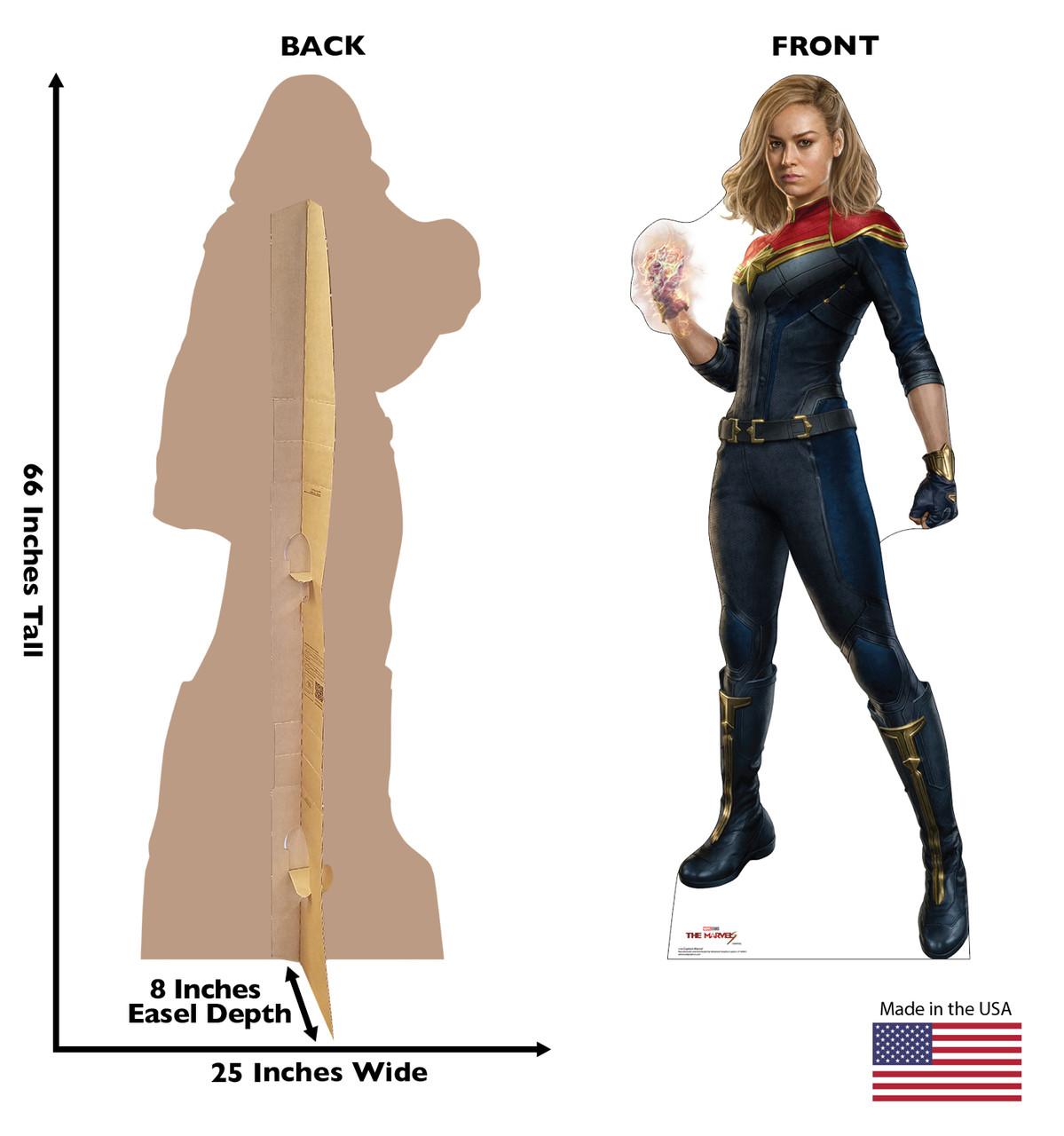 Life-size cardboard standee of Captain Marvel with back and front dimensions.