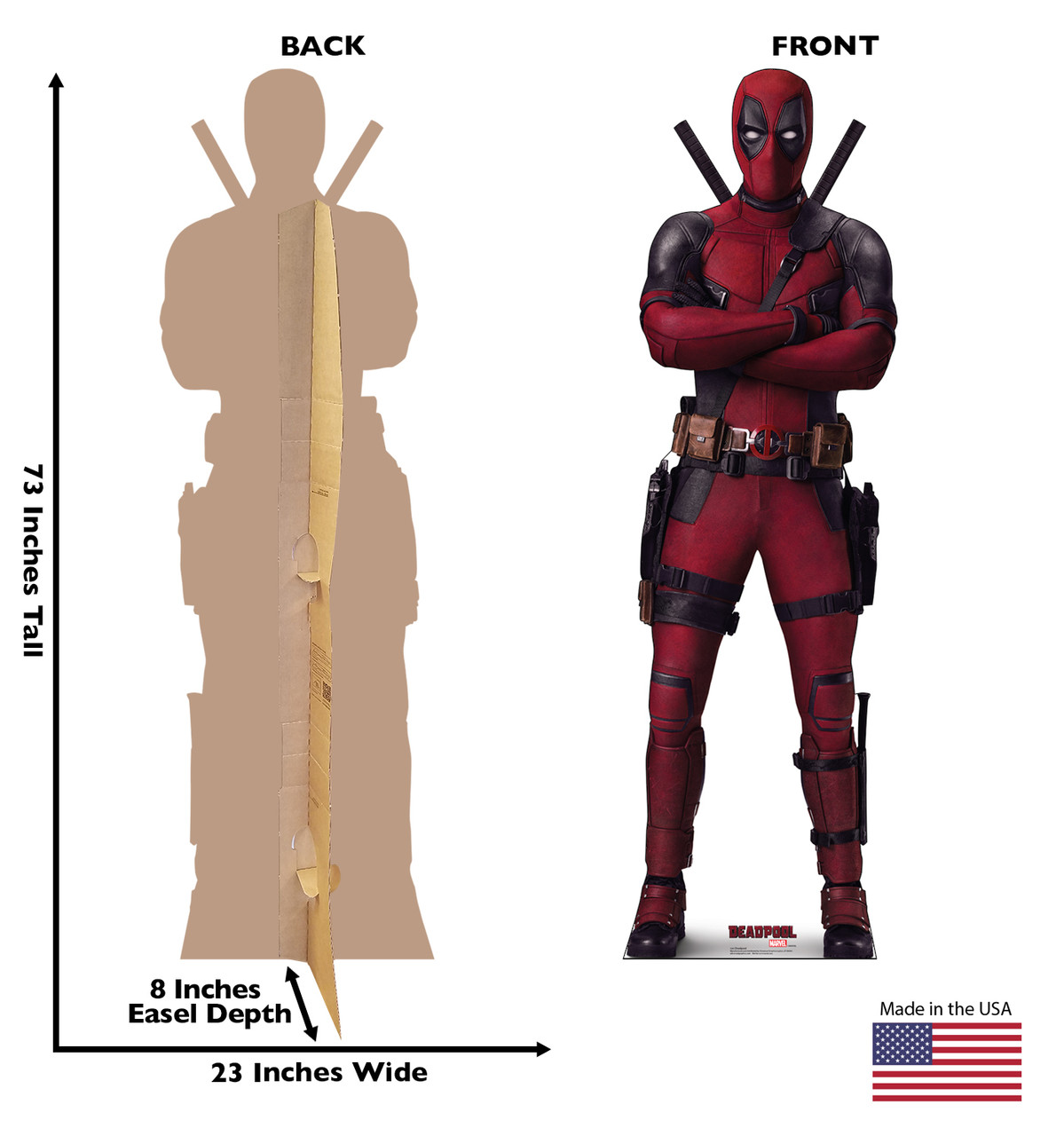 Life-size cardboard standee of Deadpool with back and front dimensions.