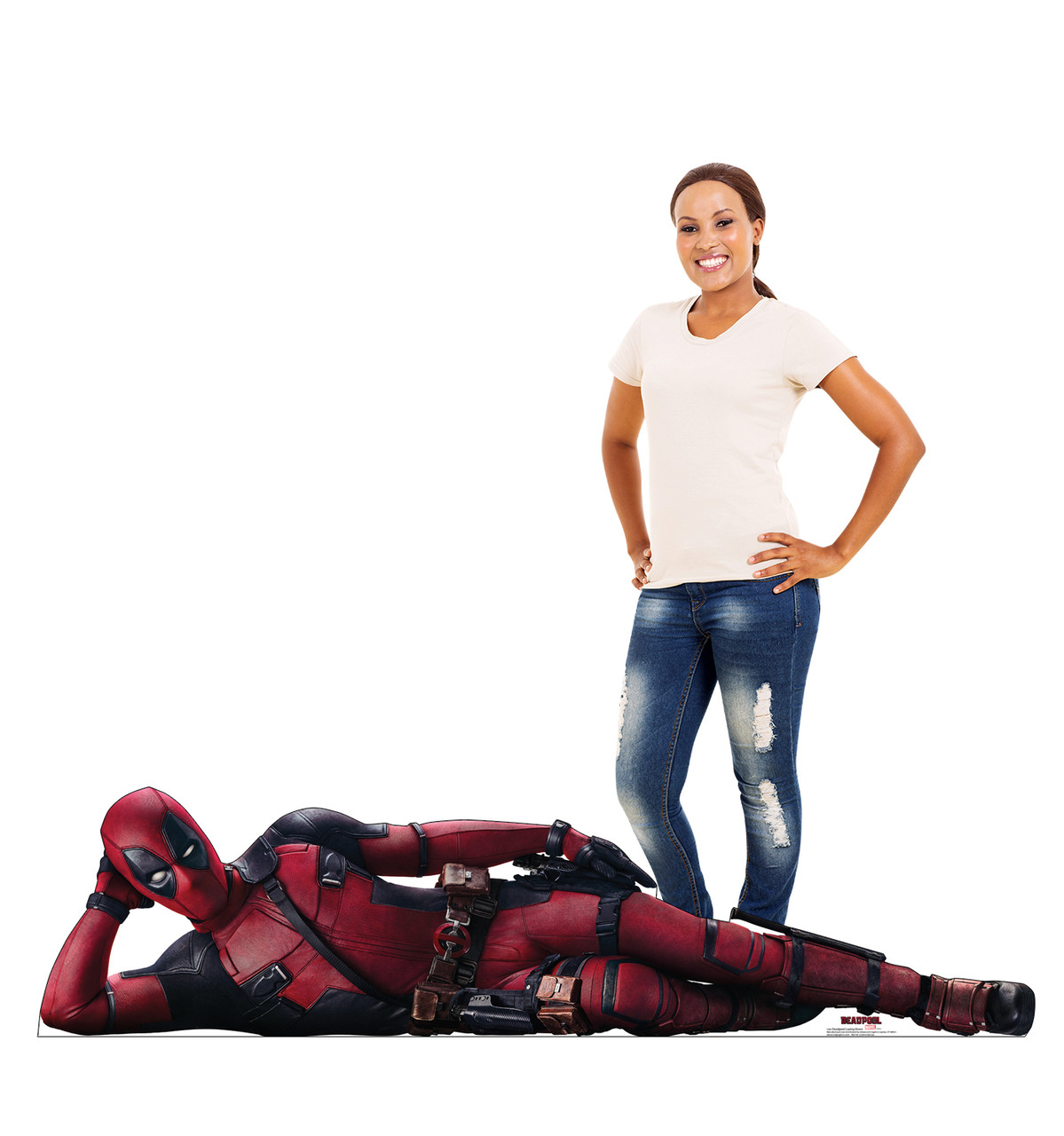 Life-size cardboard standee of Deadpool Laying Down with model.