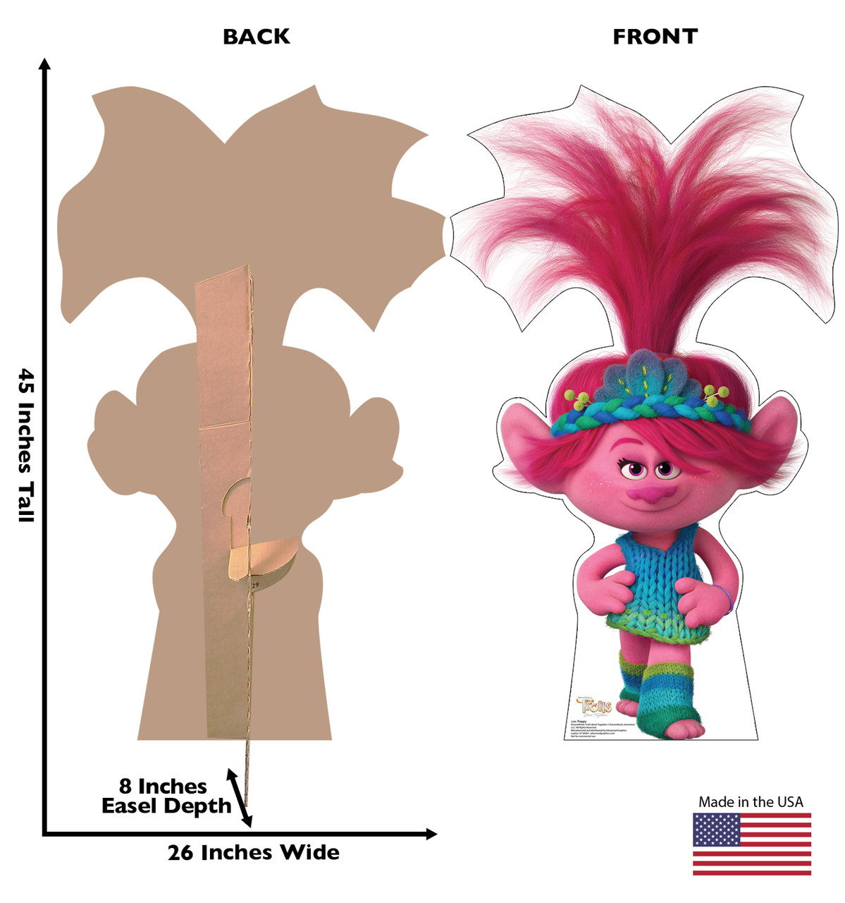 Life-size cardboard standee of Poppy with back and front dimensions.