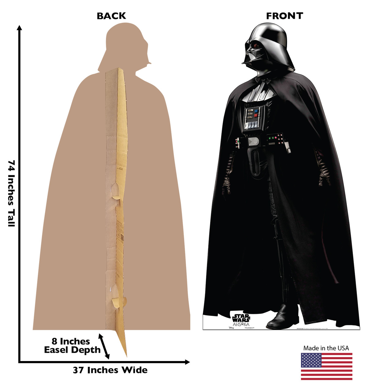 Life-size cardboard standee of Darth Vader with back and front dimensions.