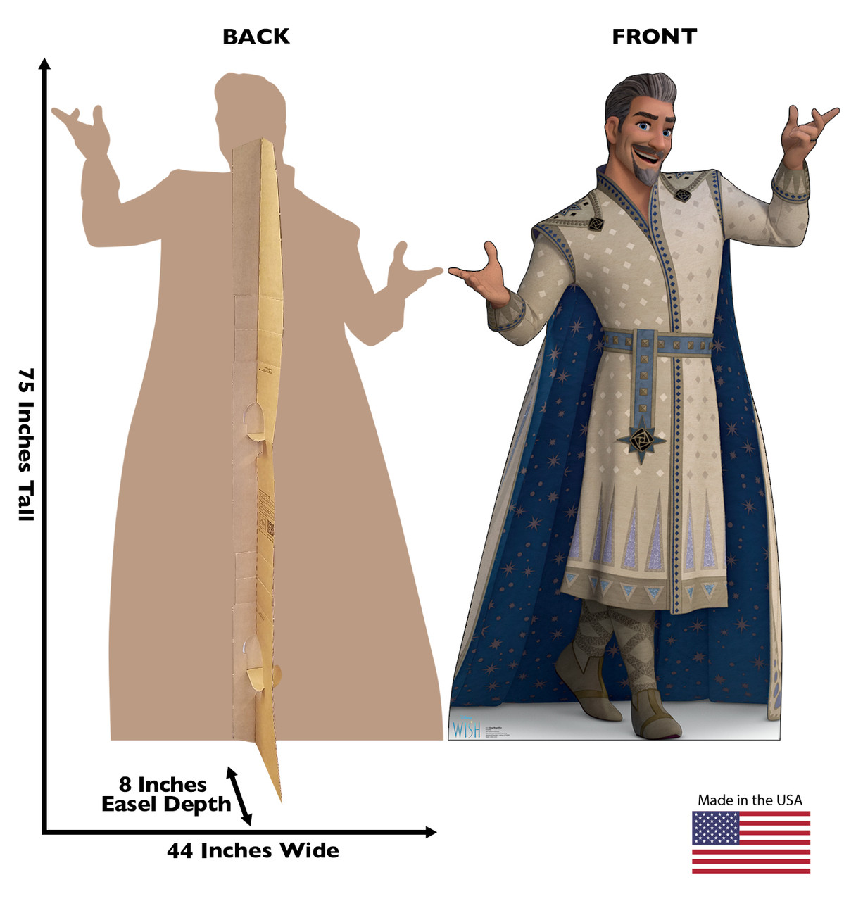 Life-size cardboard standee of King Magnifico with back and front dimensions.