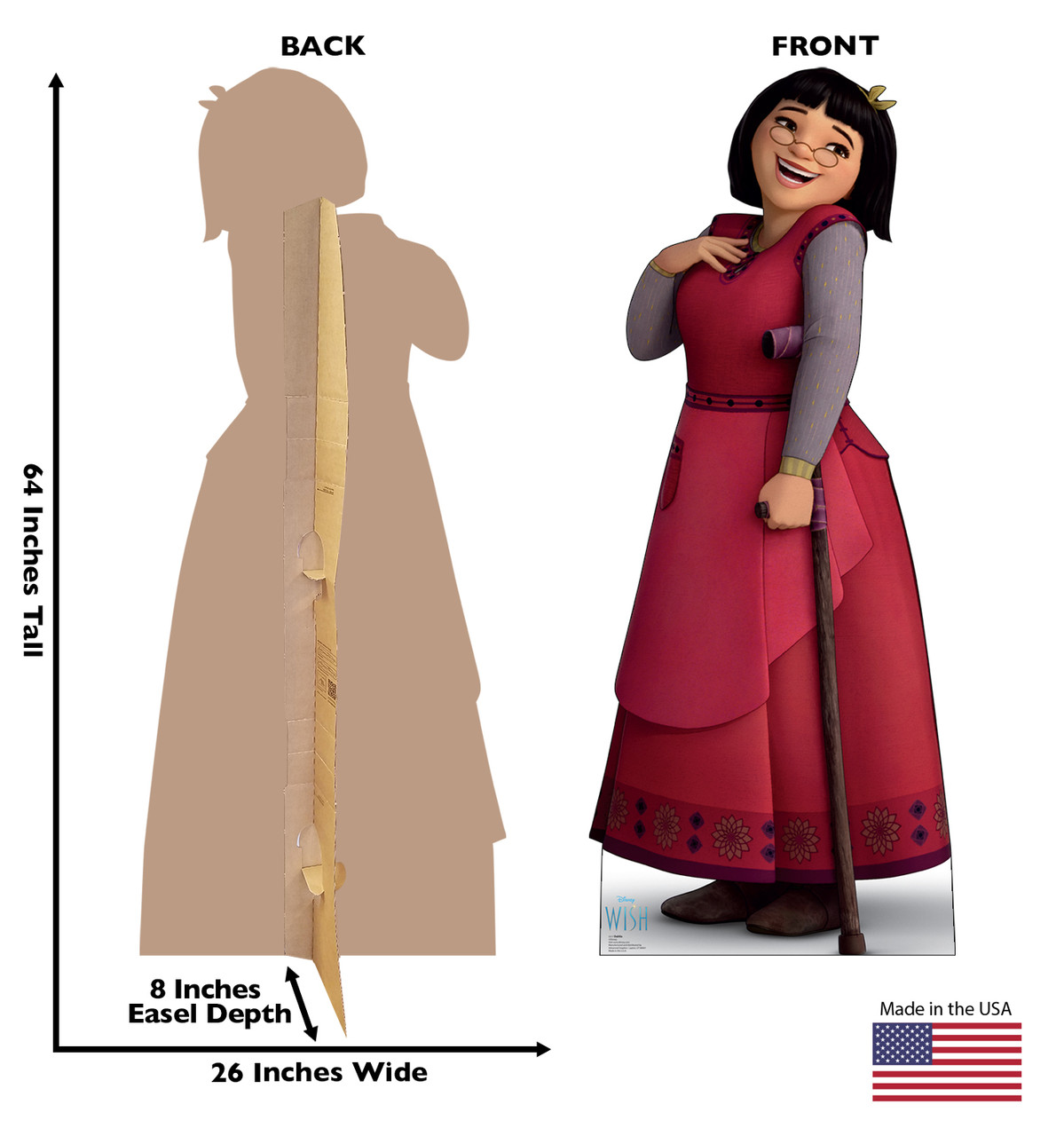 Life-size cardboard standee of Dahlia with back and front dimensions.