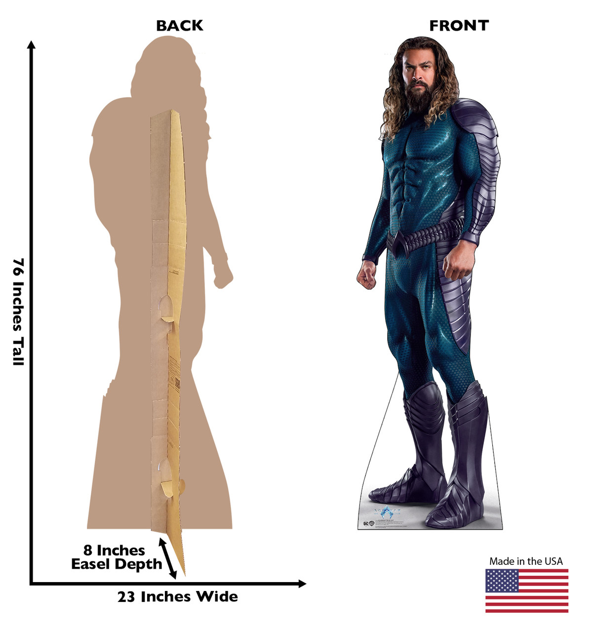 Life-size cardboard standee of Aquaman Blue Suit with back and front dimensions.